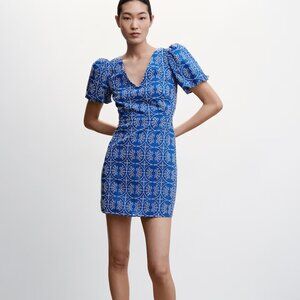 Mango Royal Blue Embroidered Puff Sleeve Back-Tie Dress (Size Small)